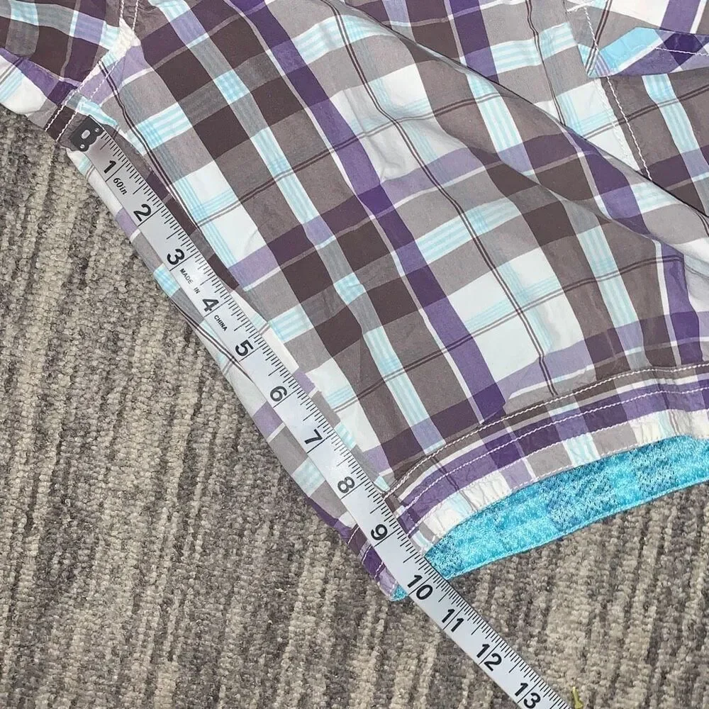 Old Navy Mens Size Large Cargo Swim Shorts Purple Cream‎ Plaid Tie Beach Summer